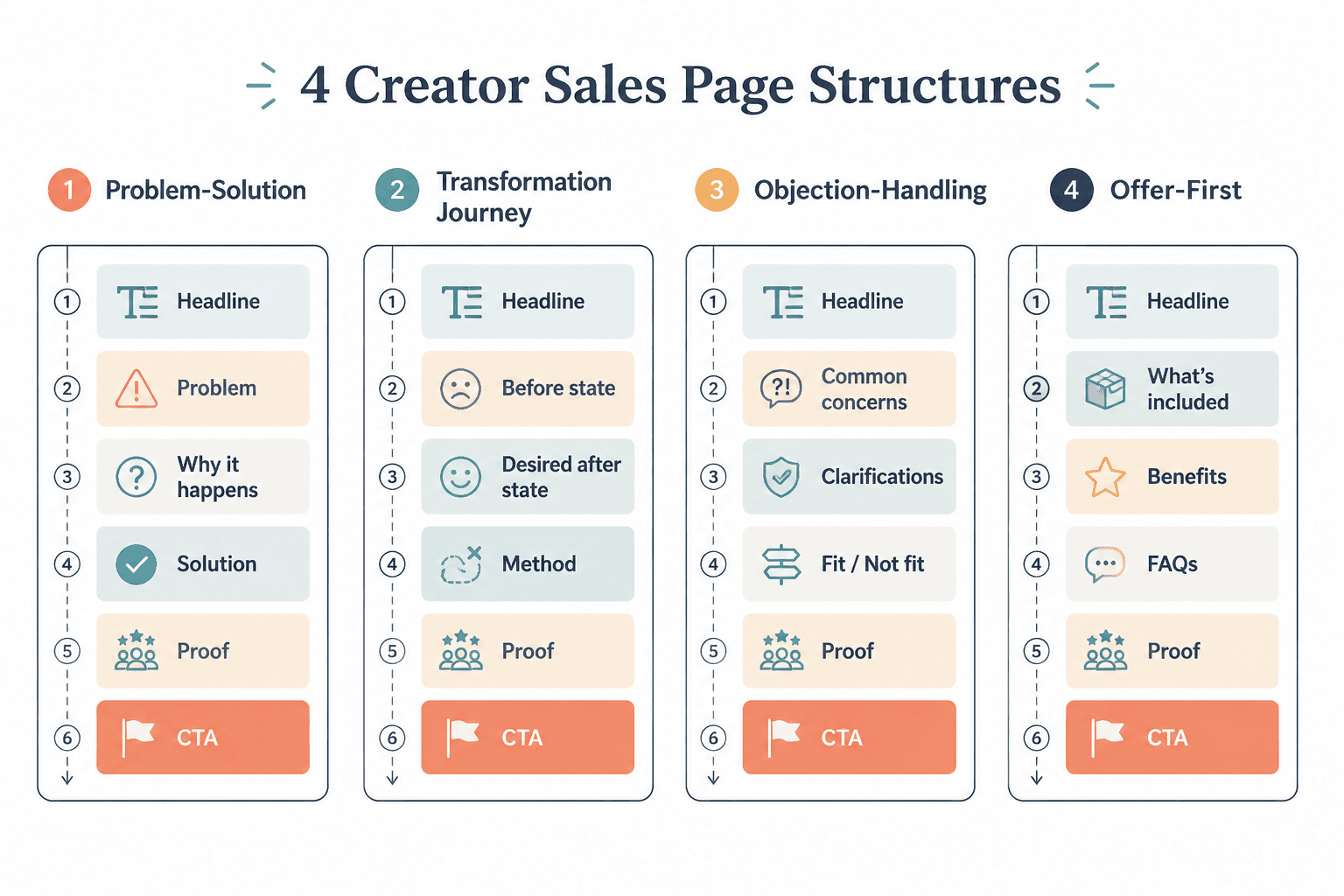Comparison of four creator sales page structures