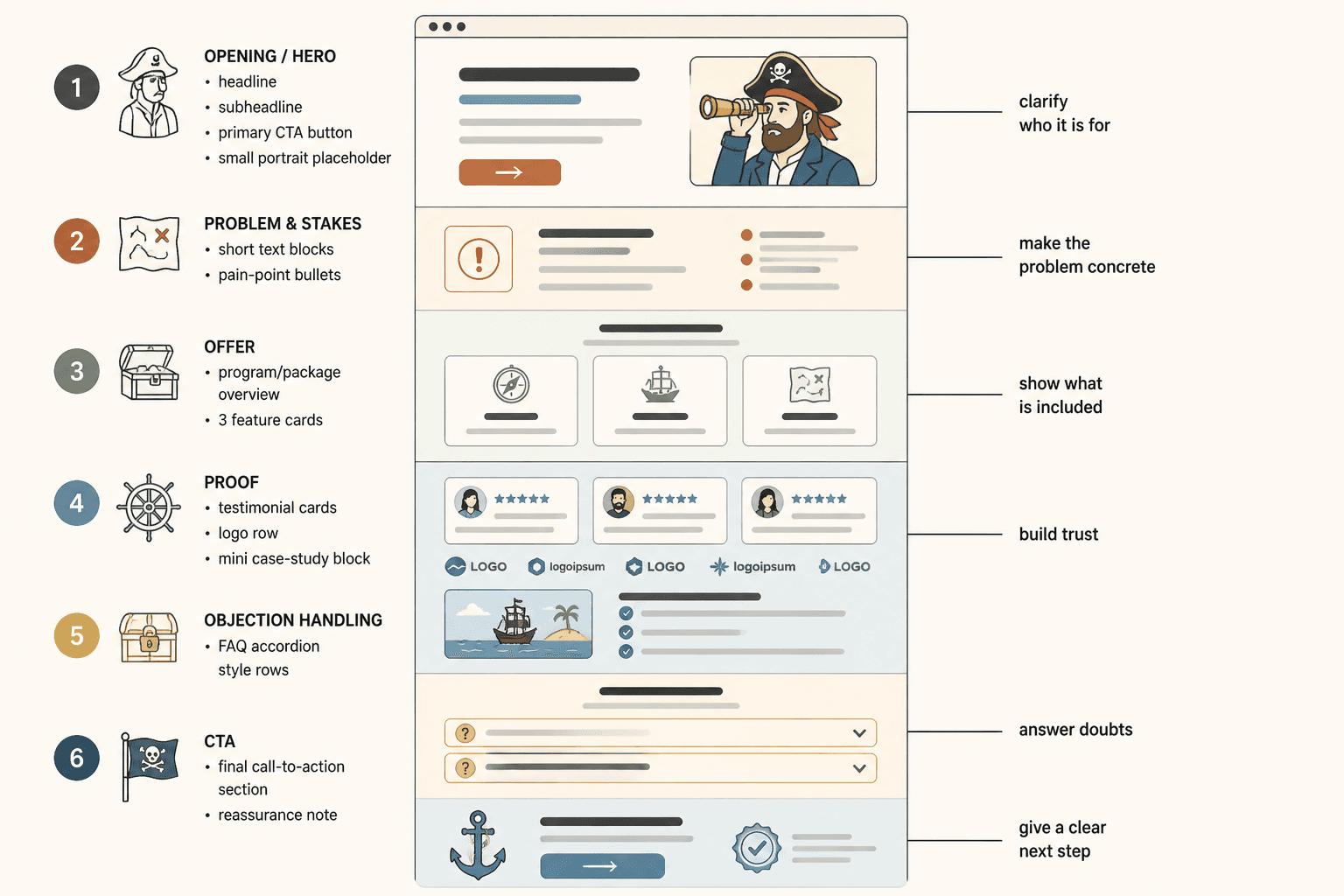 Annotated wireframe of a personal-brand sales page