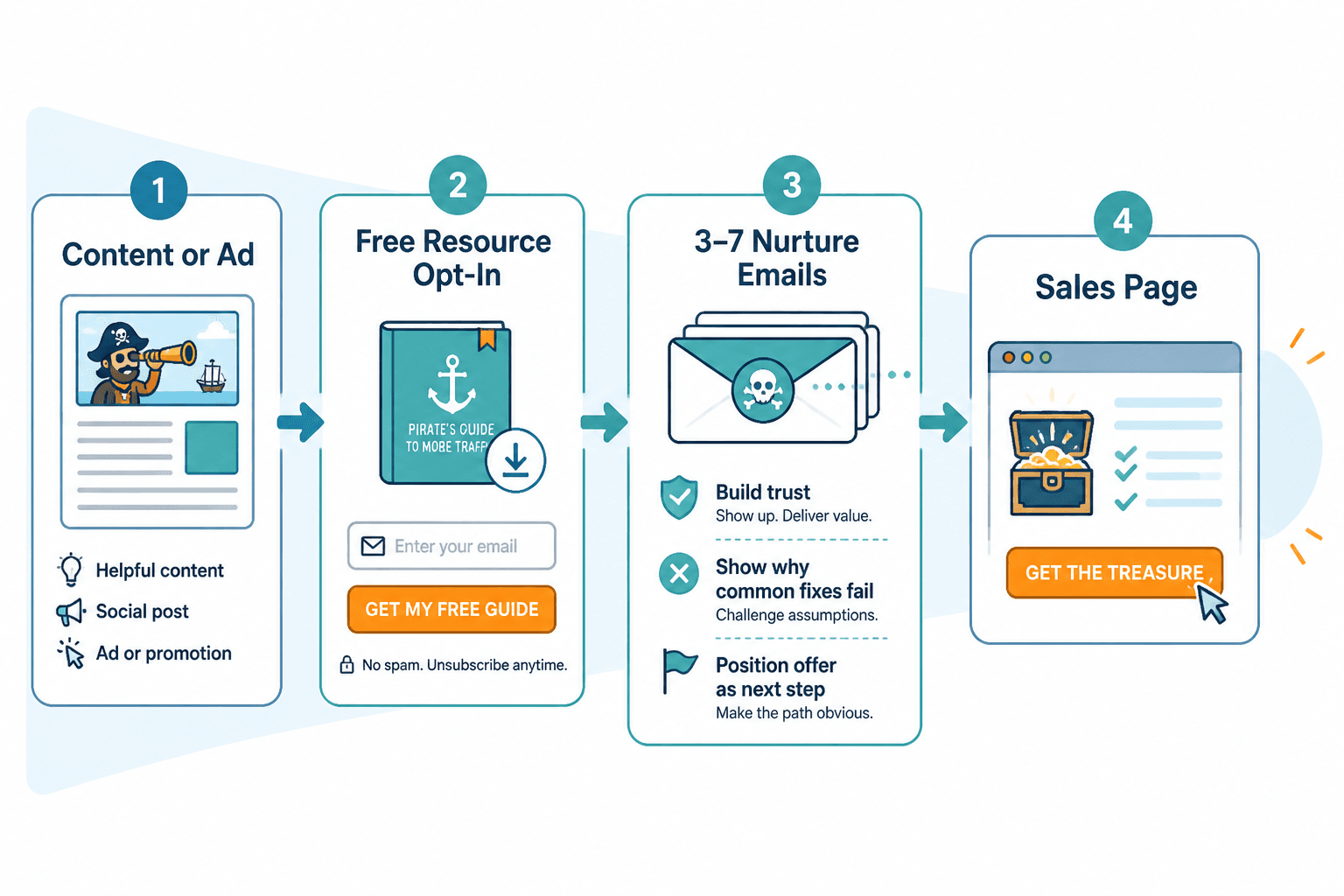 Lead magnet funnel from opt-in to nurture emails to sales page