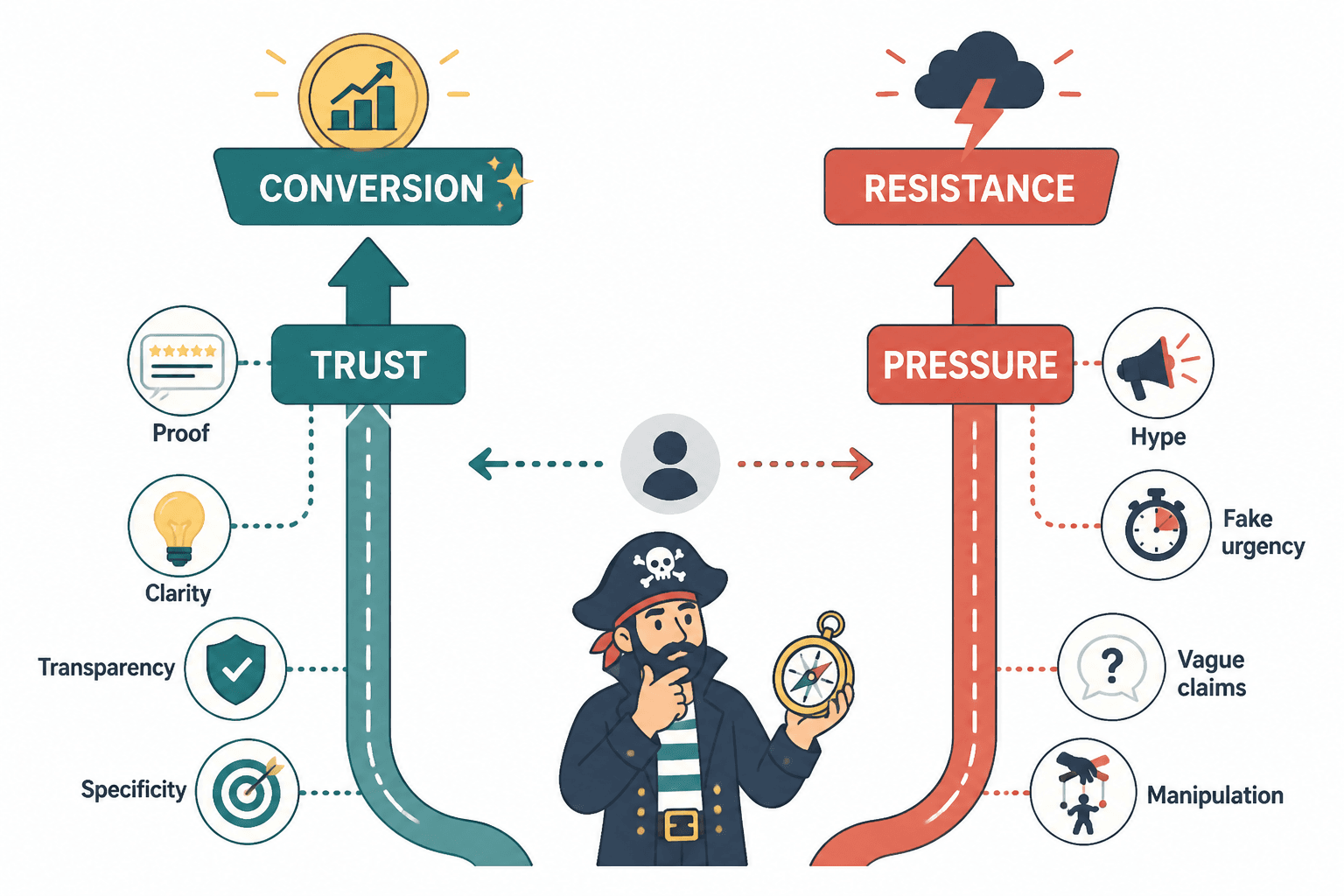 Diagram showing trust raising conversions while pressure raises resistance
