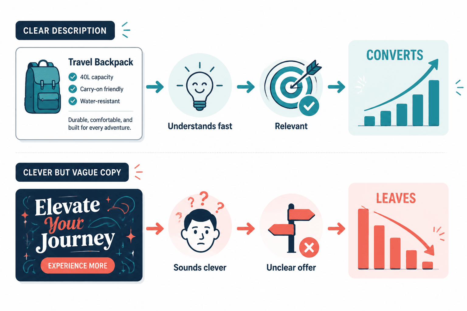 Diagram comparing clear copy and vague clever copy in a conversion path
