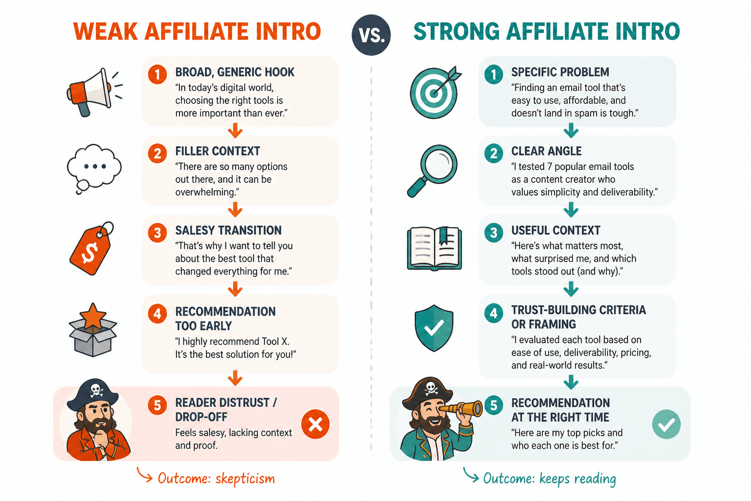 Diagram comparing a weak affiliate intro flow with a strong, reader-first intro flow