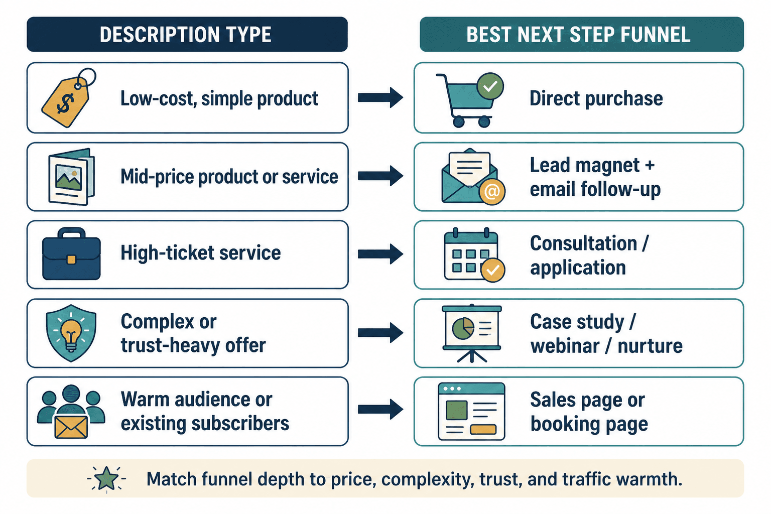 Diagram matching offer description types to the best next-step funnels