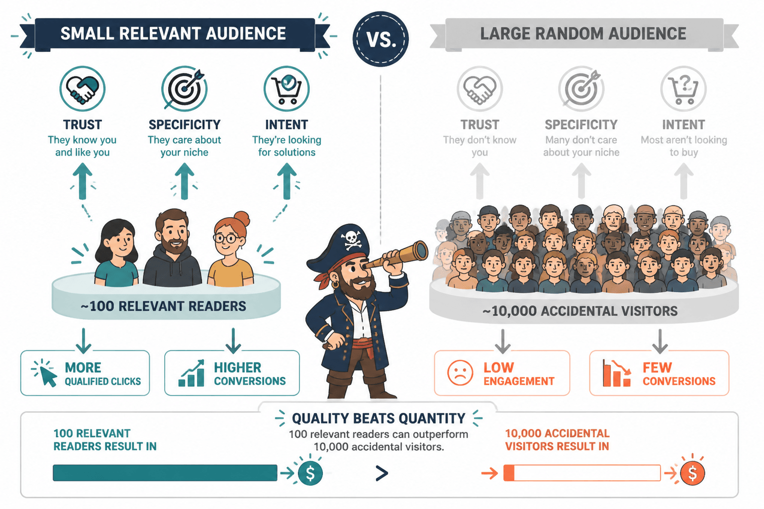 Diagram comparing a small relevant audience with a large random audience, showing trust, specificity, and intent outweigh traffic size.