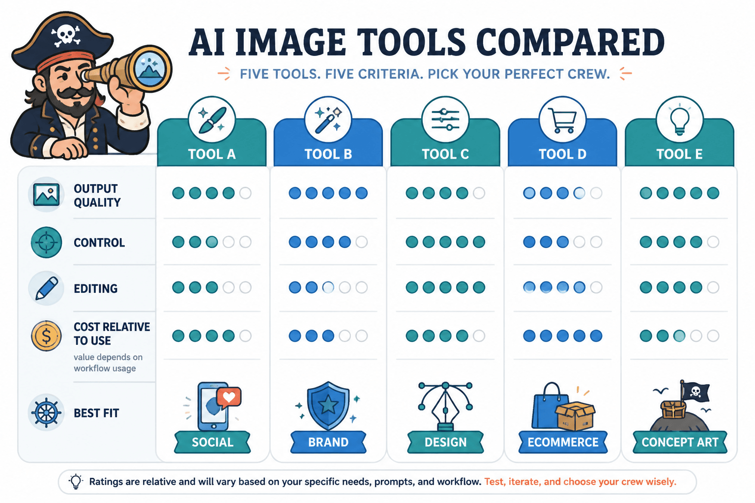 Comparison matrix rating AI image tools by output quality, control, editing, cost, and best fit.