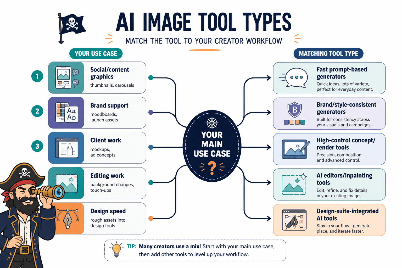 Workflow map matching creator tasks to AI image tool types