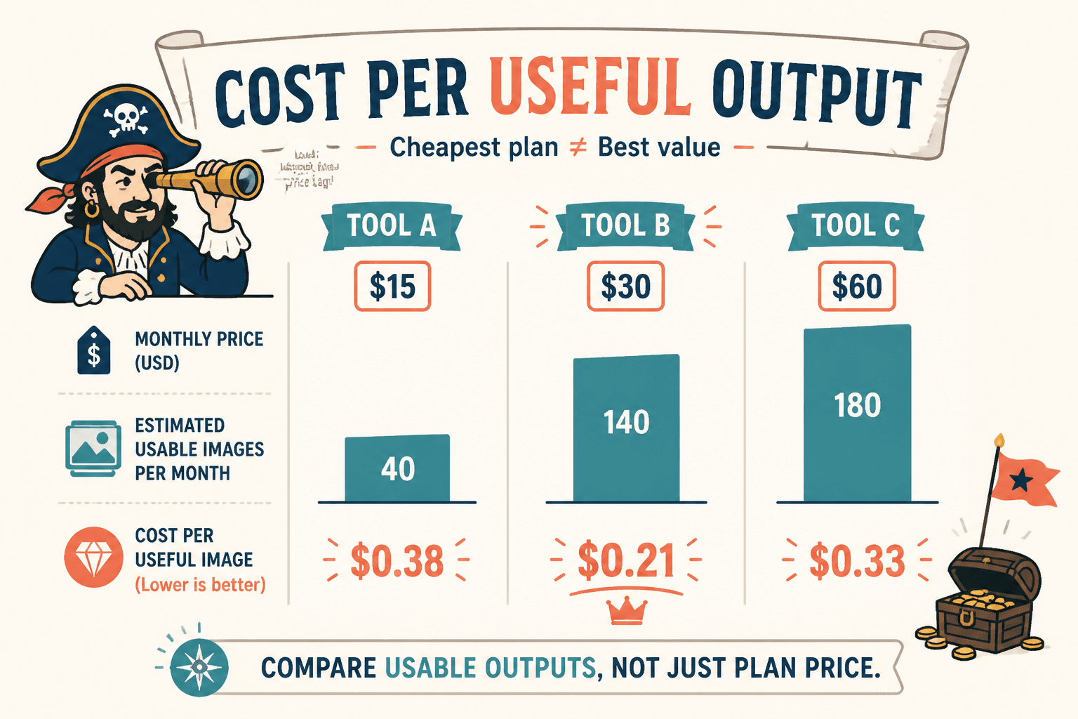 Comparison chart of monthly price versus usable images per month for three AI image tools