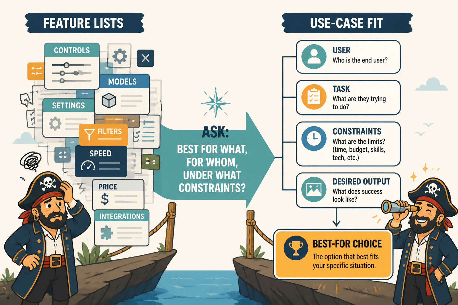Diagram shifting from feature comparison to use-case-based tool selection