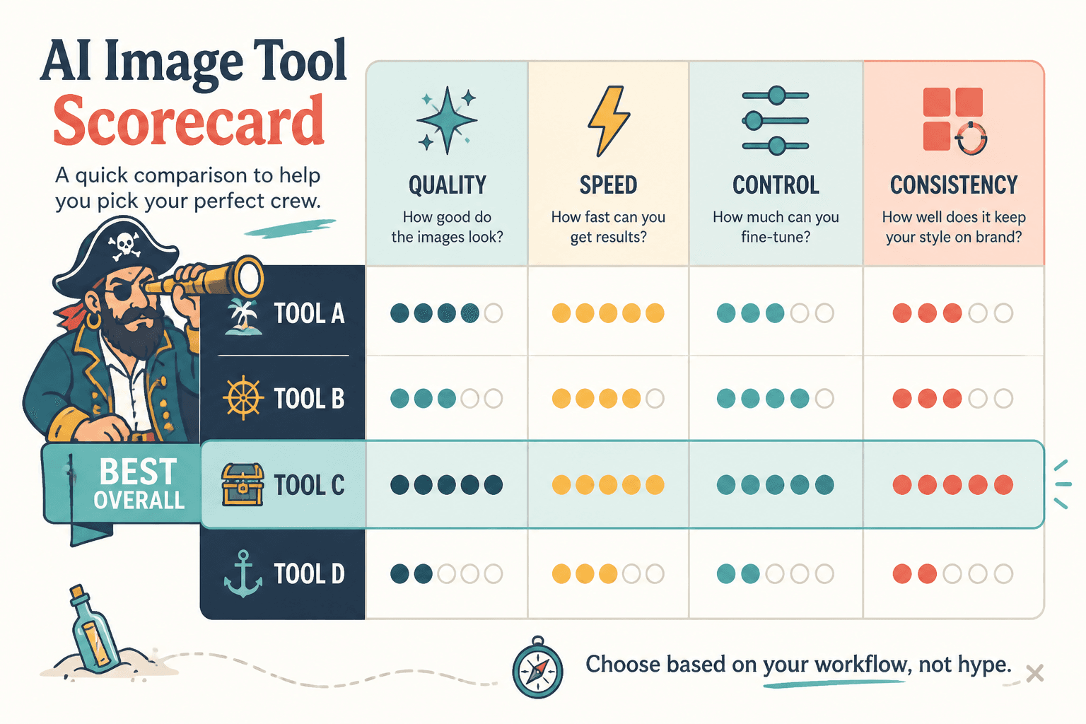 Scorecard comparing AI image tools on quality, speed, control, and consistency