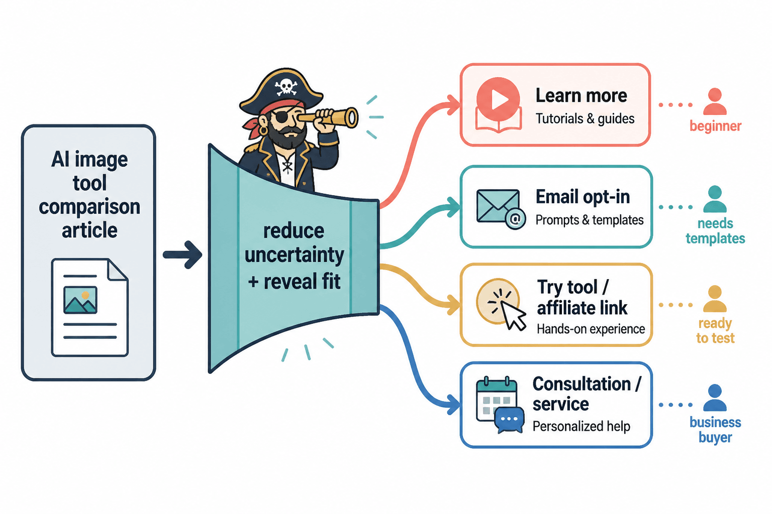 Funnel diagram showing a comparison article leading to segmented next-step CTAs by reader intent