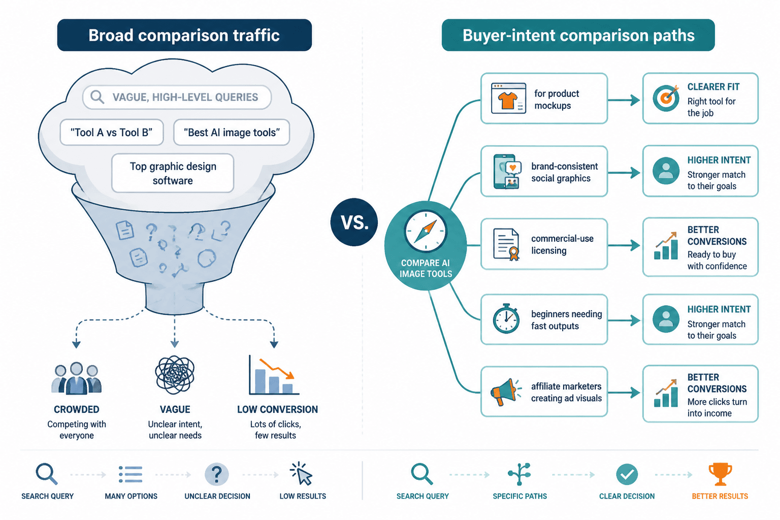 Diagram contrasting broad comparison traffic with buyer-intent comparison paths.