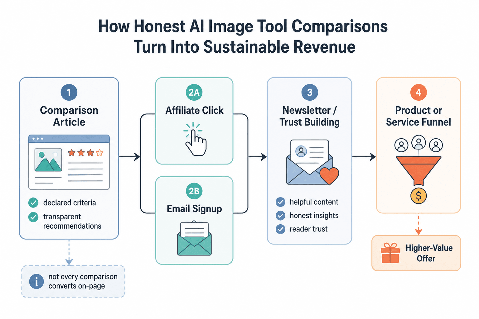 Flowchart from comparison article to affiliate click, email signup, and later offers