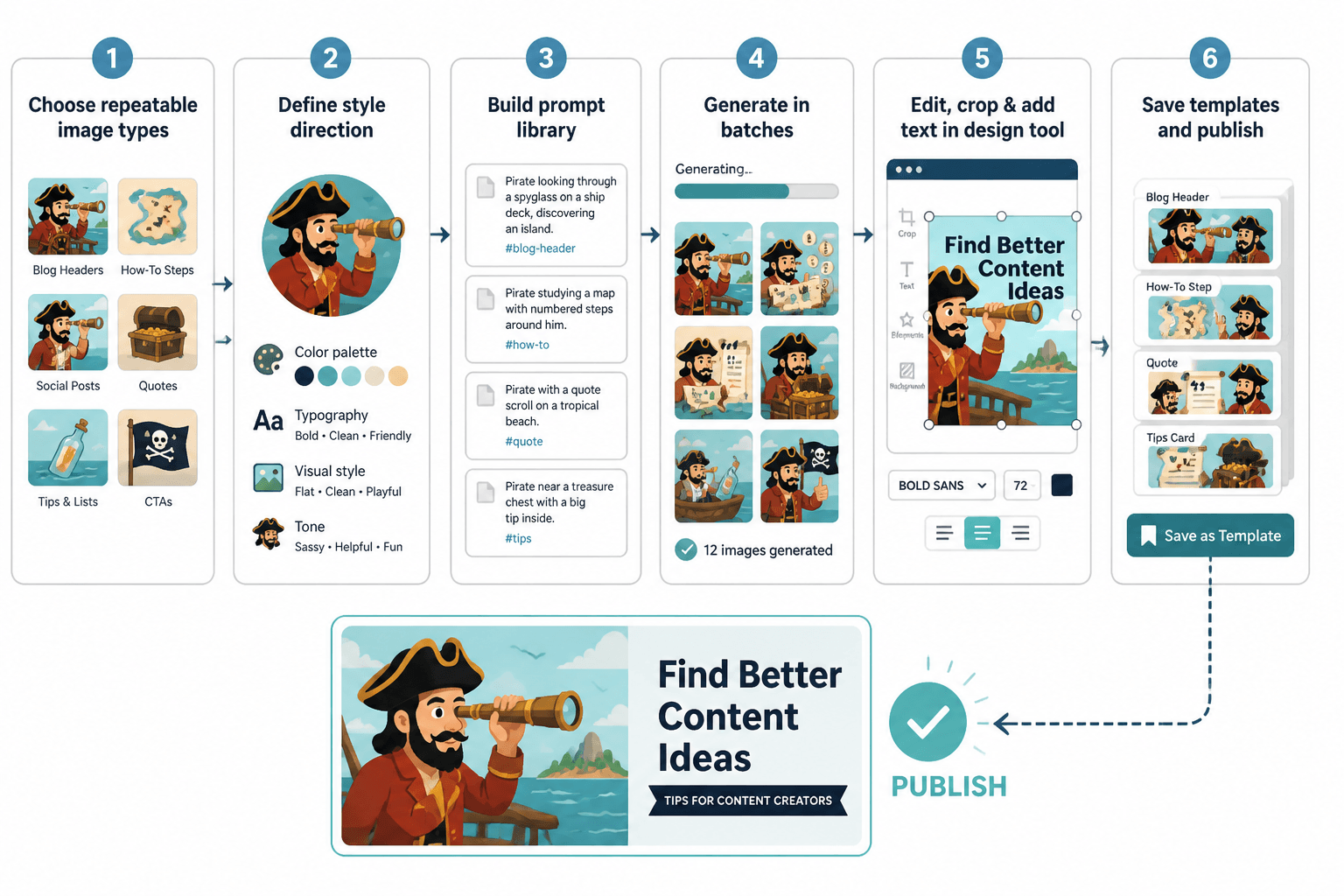 Simple workflow from prompt library to editing and publishing reusable image templates