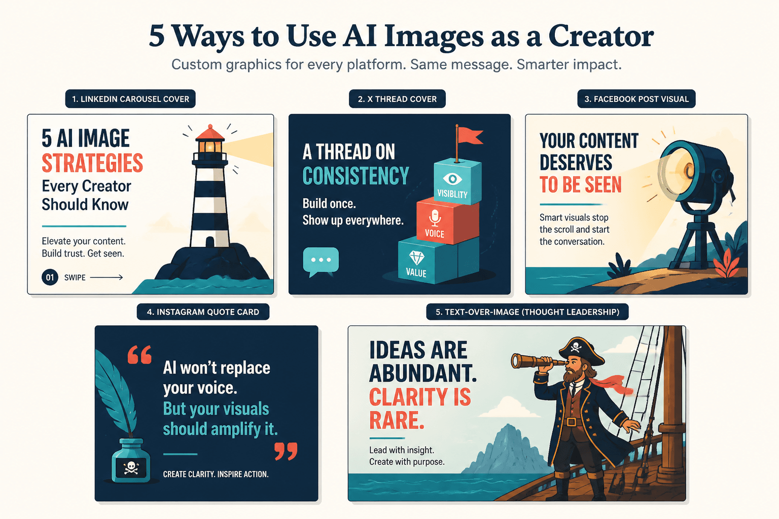 Five simple social graphic examples with short headline overlays