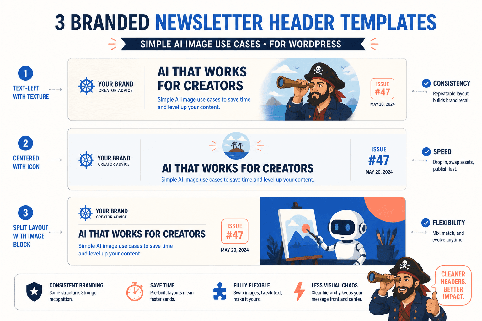 Three simple branded newsletter header layout variations