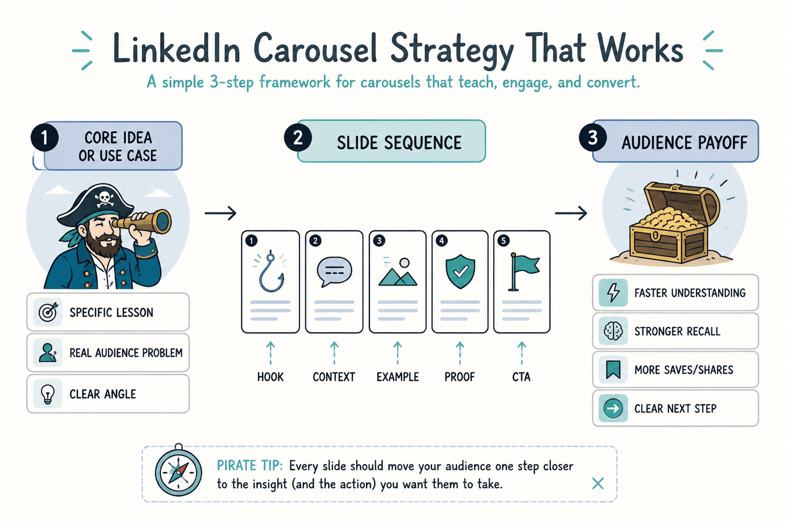 Flow from core idea to slide sequence to audience payoff