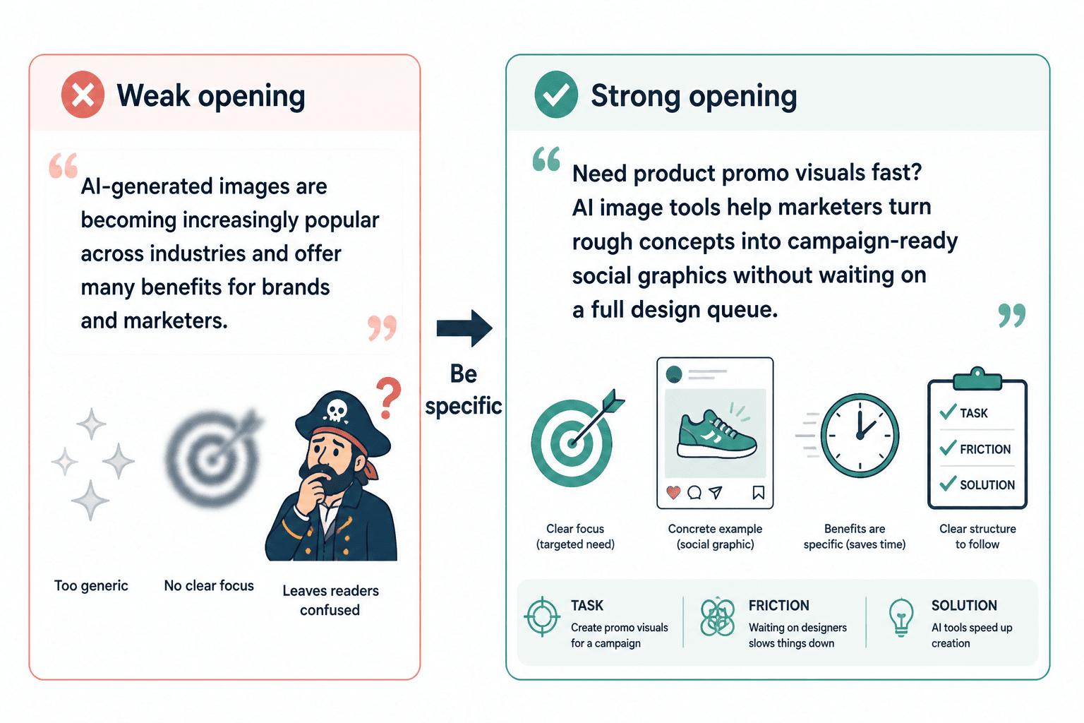 Side-by-side comparison of a vague opening and a specific AI image use-case opening