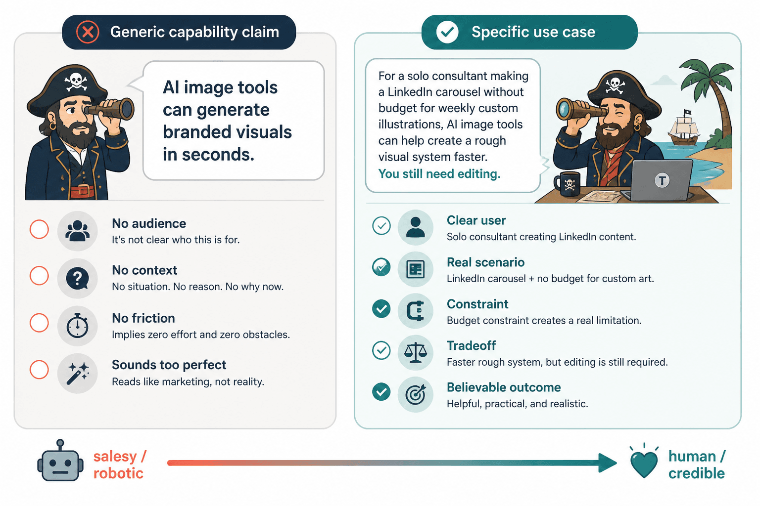 Side-by-side example of generic versus specific AI image use case writing