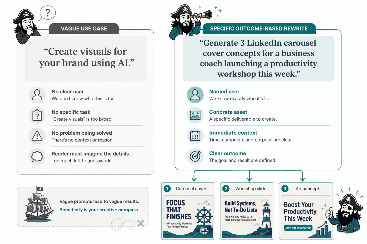 Side-by-side comparison of a vague AI image use case and a specific outcome-based rewrite