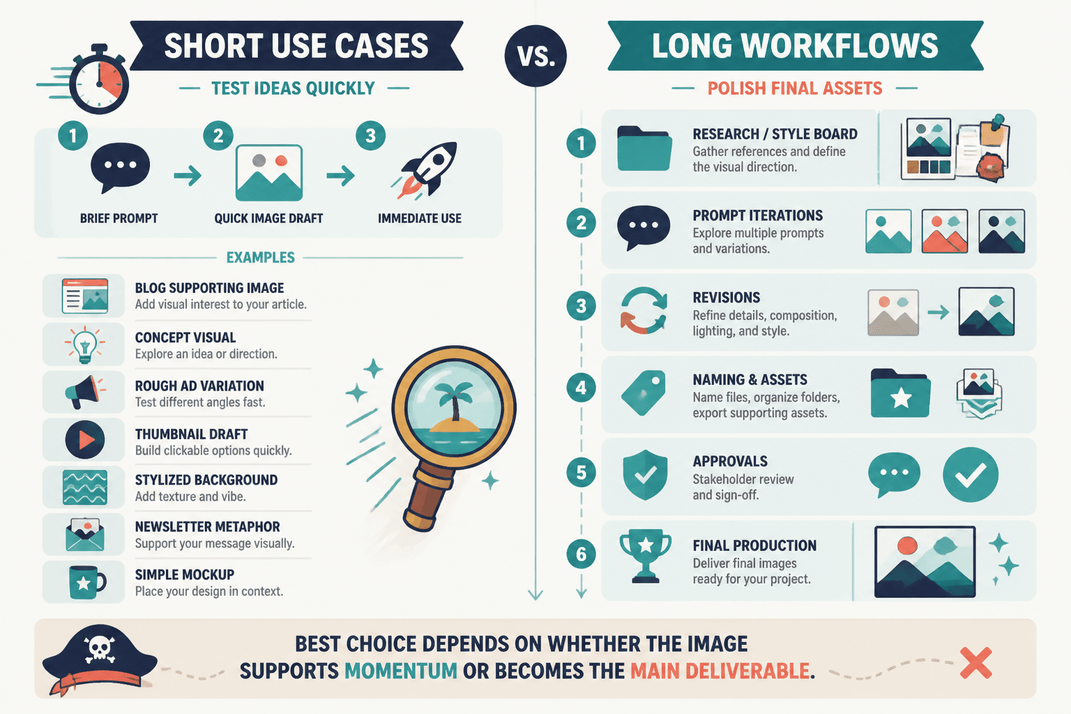 Comparison of short AI image tasks and longer production workflows