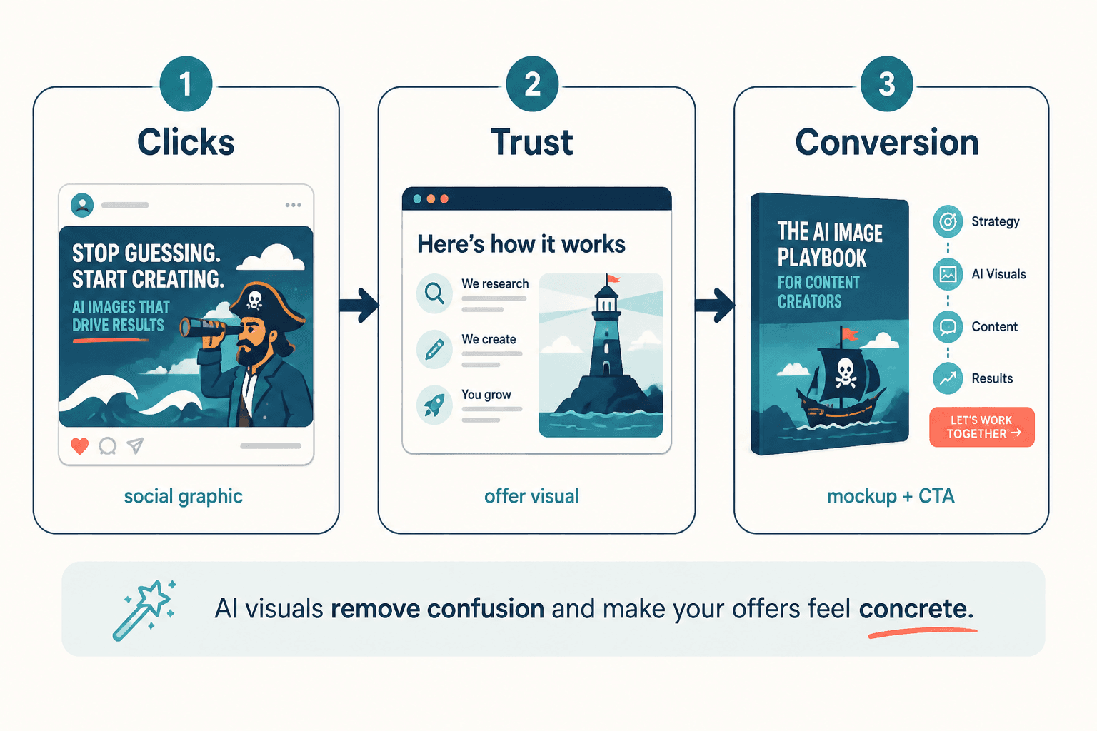 Simple funnel showing AI visuals boosting clicks, trust, and conversions