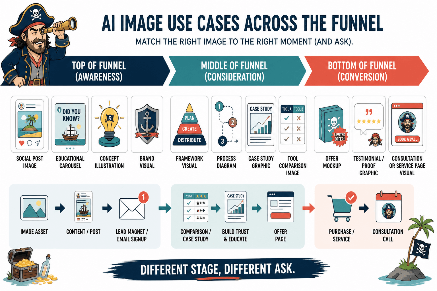 Funnel map linking AI image types to awareness, consideration, and conversion stages