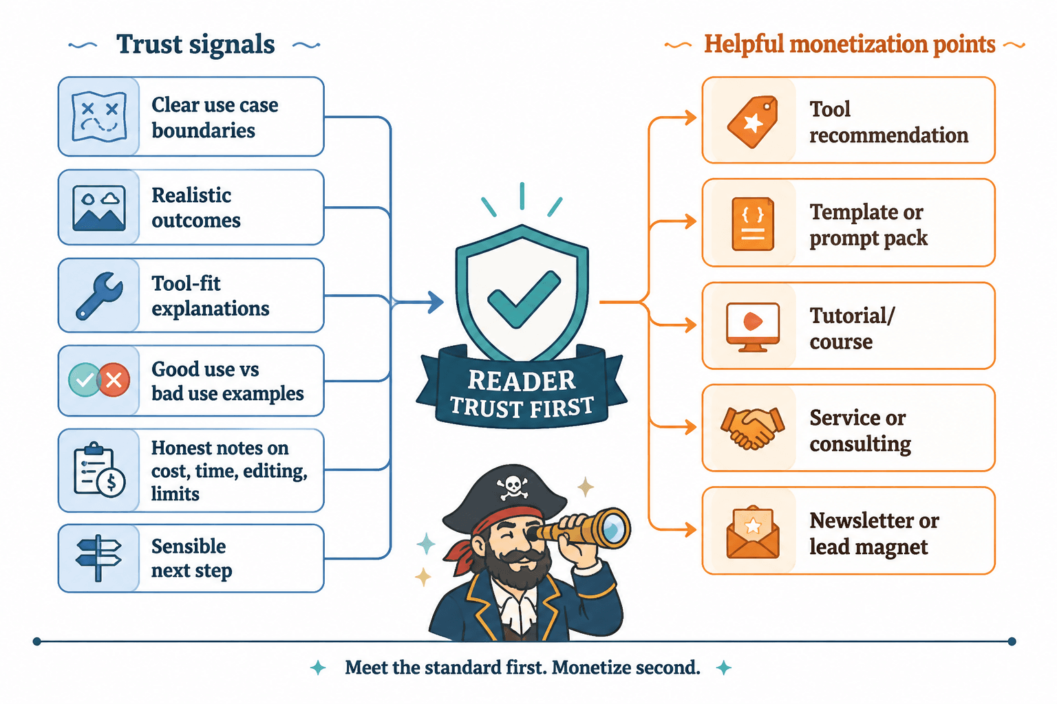 Diagram linking trust signals to reader-friendly monetization options.