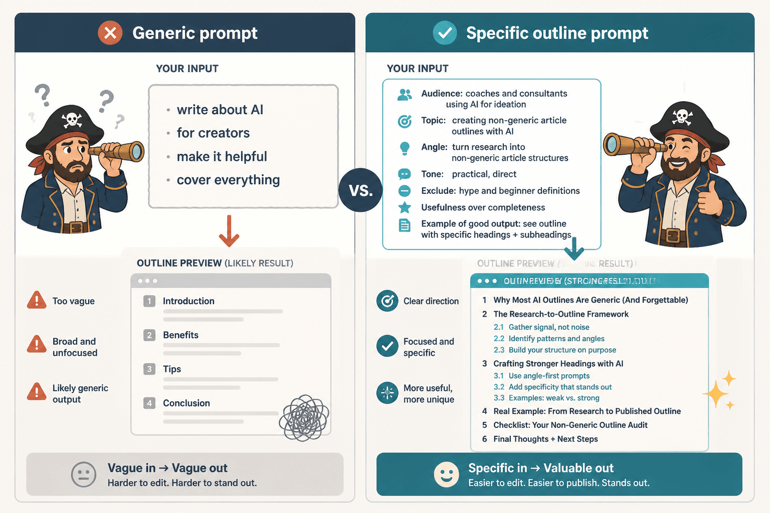 Side-by-side comparison of a vague prompt and a specific outline prompt