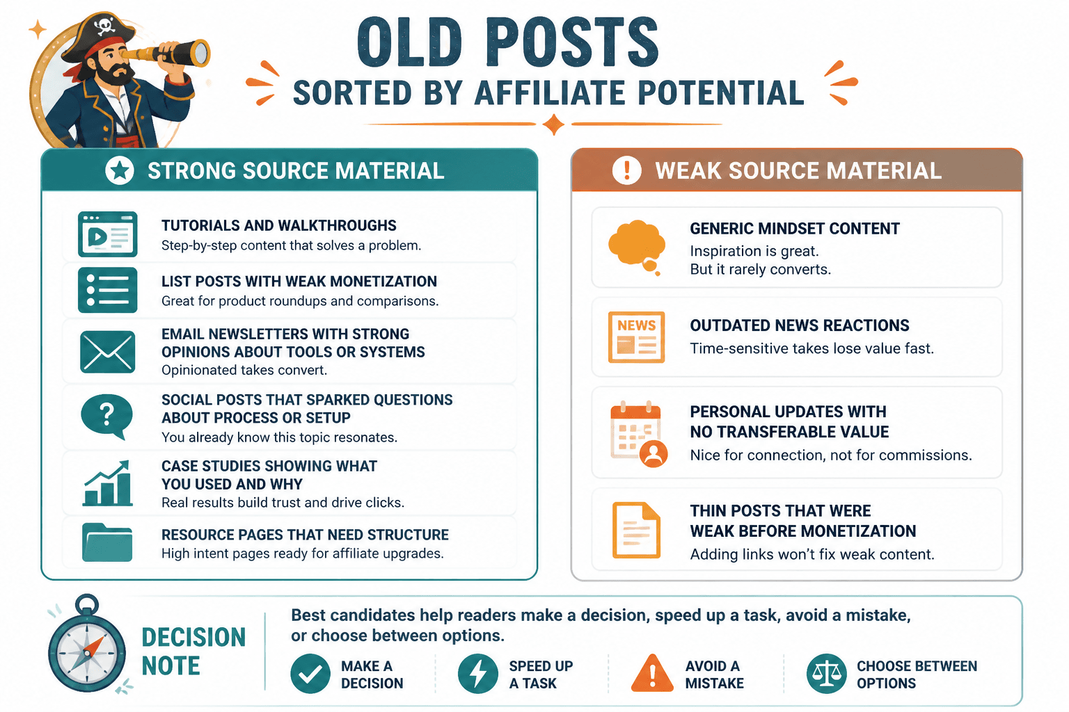 Old content types sorted by affiliate potential from high to low