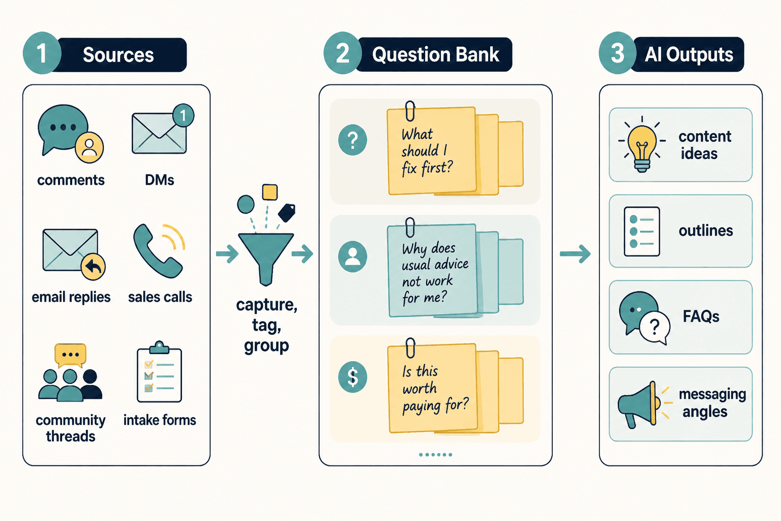 Flow diagram from audience sources to a question bank to AI content outputs