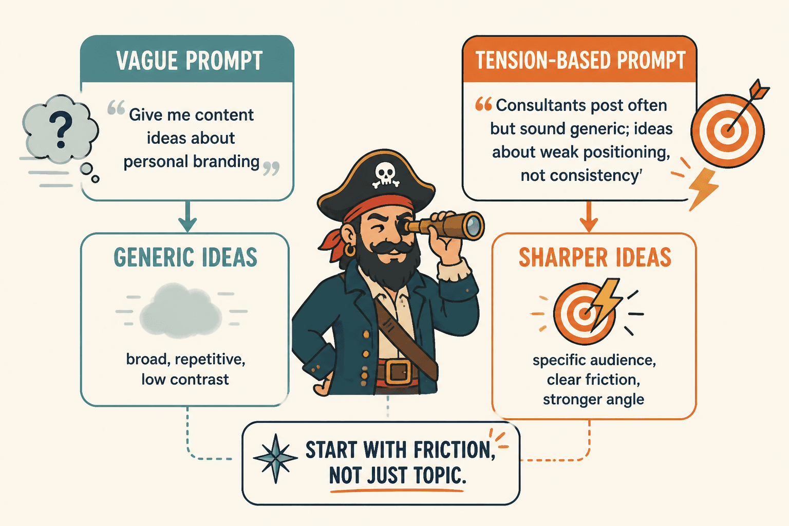 Flowchart comparing a vague prompt with a tension-based prompt and their idea quality outcomes