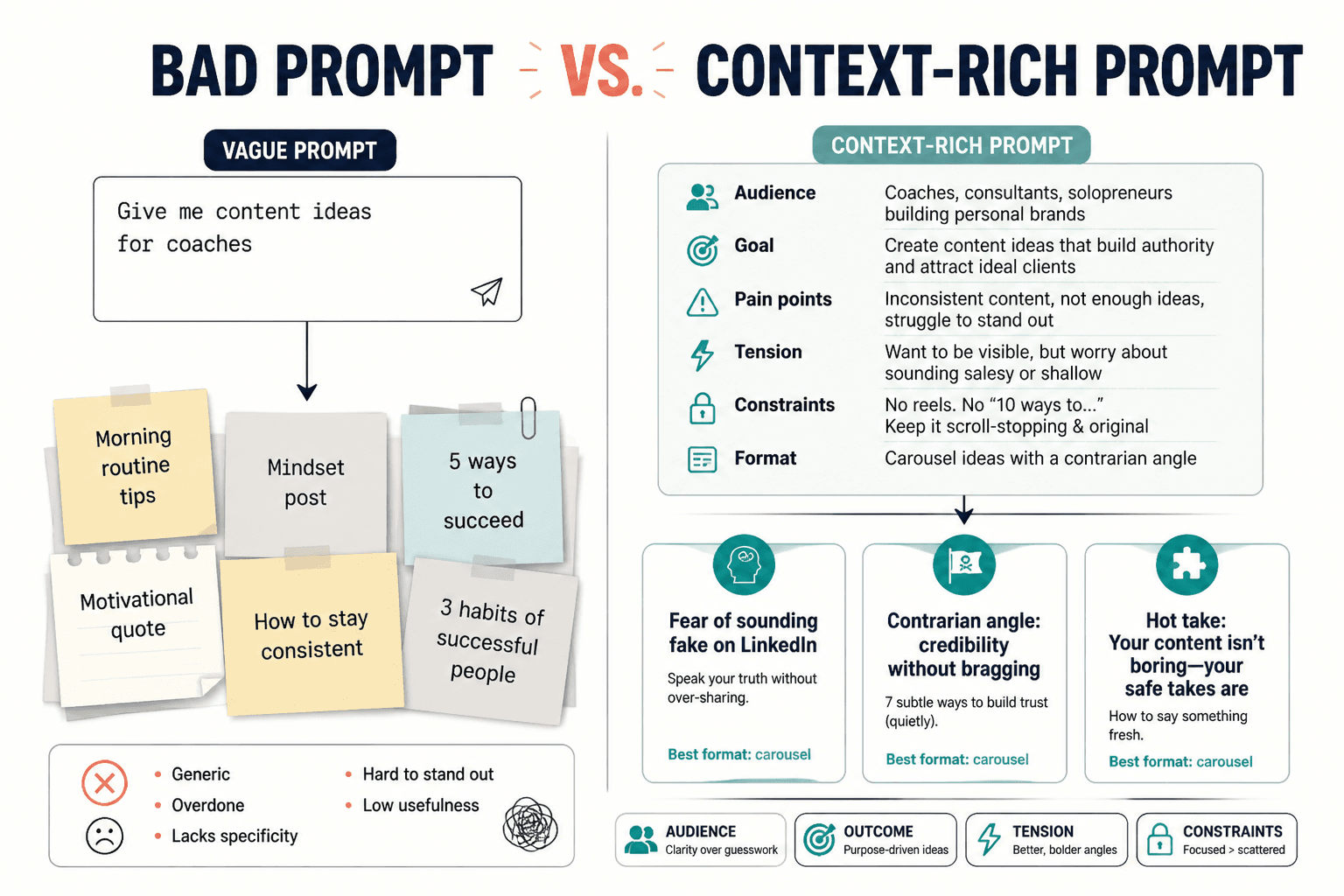 Side-by-side diagram of a vague prompt versus a context-rich prompt and the quality of ideas each produces