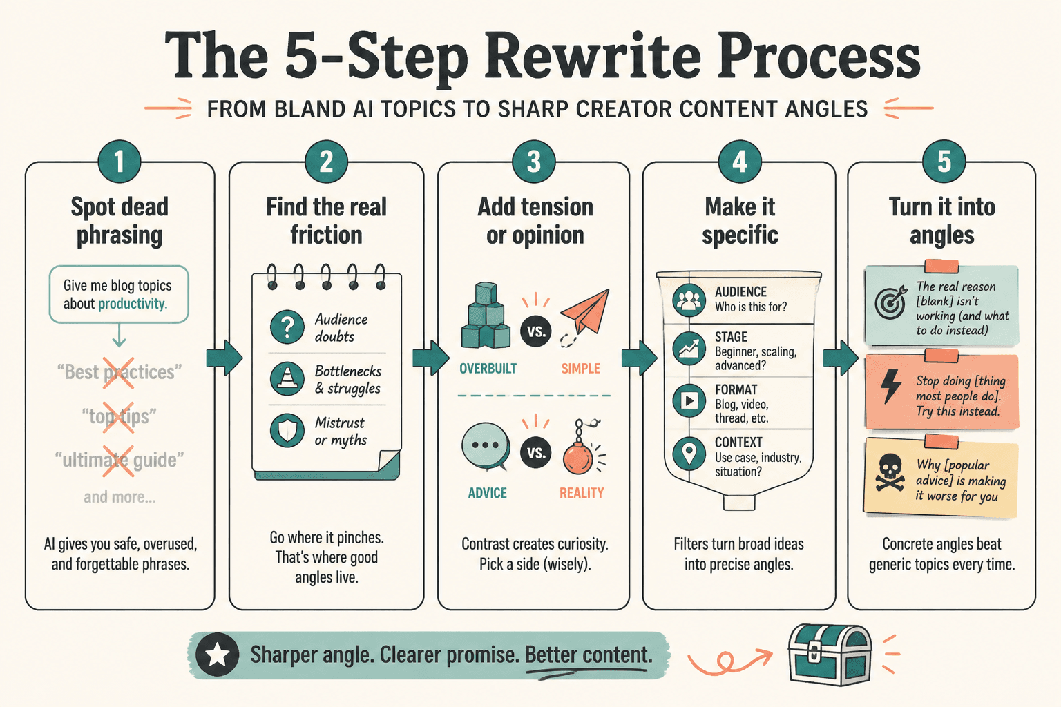 Five-step flow turning generic AI topic ideas into sharp content angles
