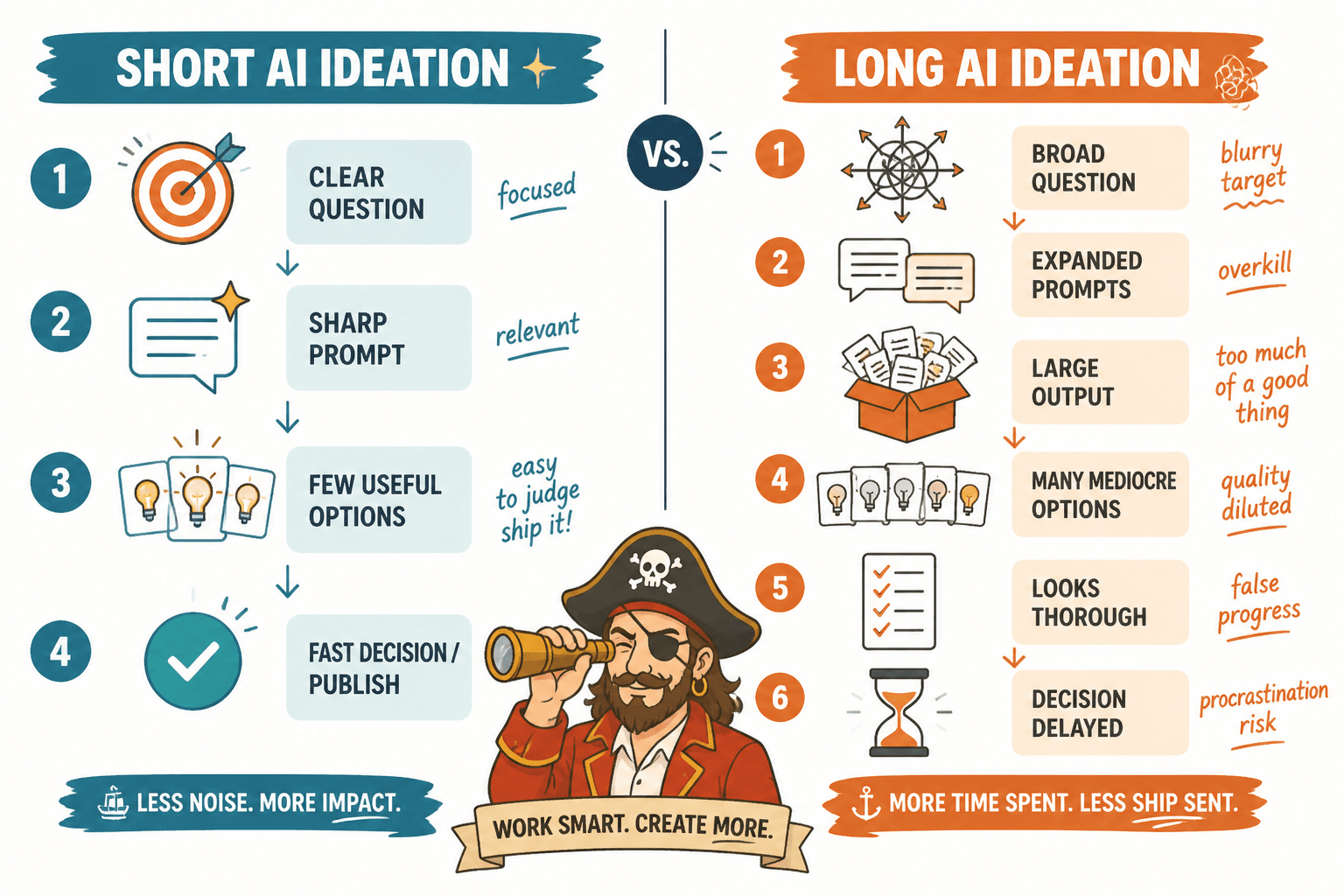Side-by-side flowchart comparing short and long AI ideation paths for creators