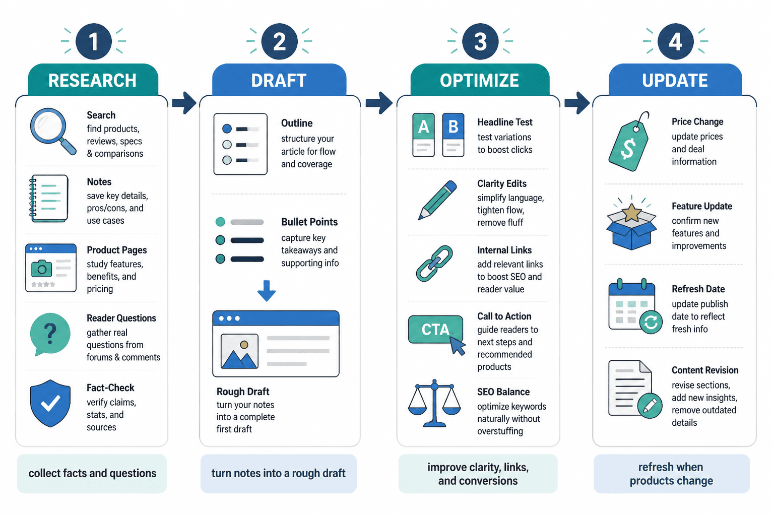 Four-step workflow for AI-assisted affiliate articles: research, draft, optimize, update.