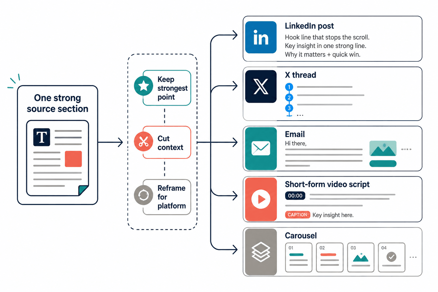 Workflow diagram showing one source turned into multiple content formats