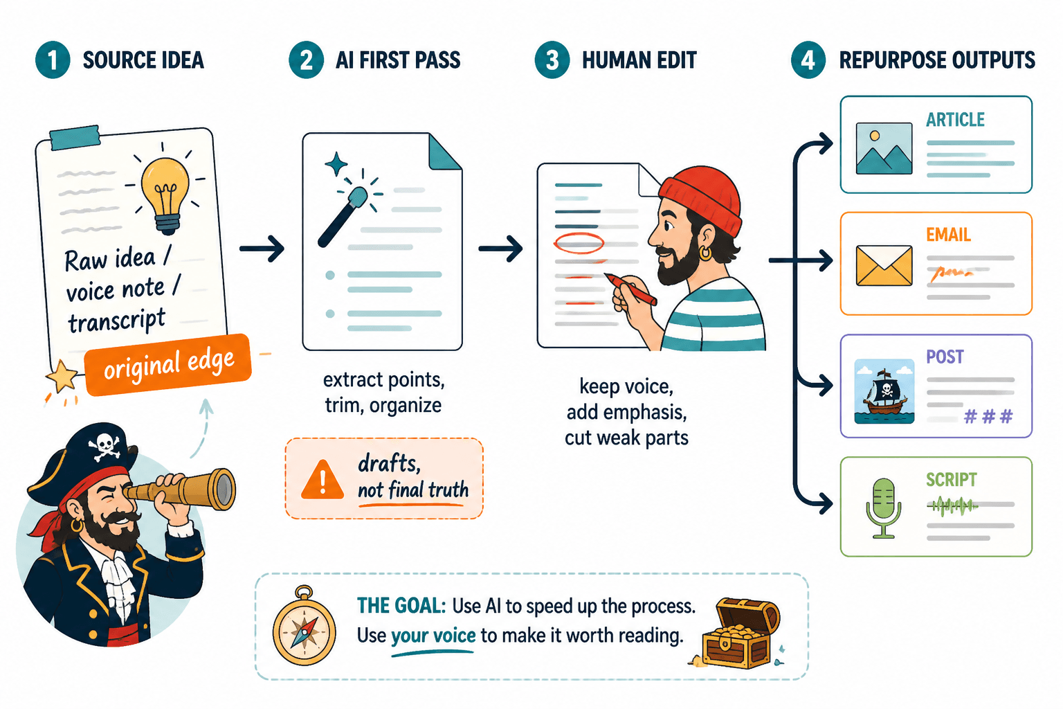 Workflow from raw idea to human edit to format-specific repurposing