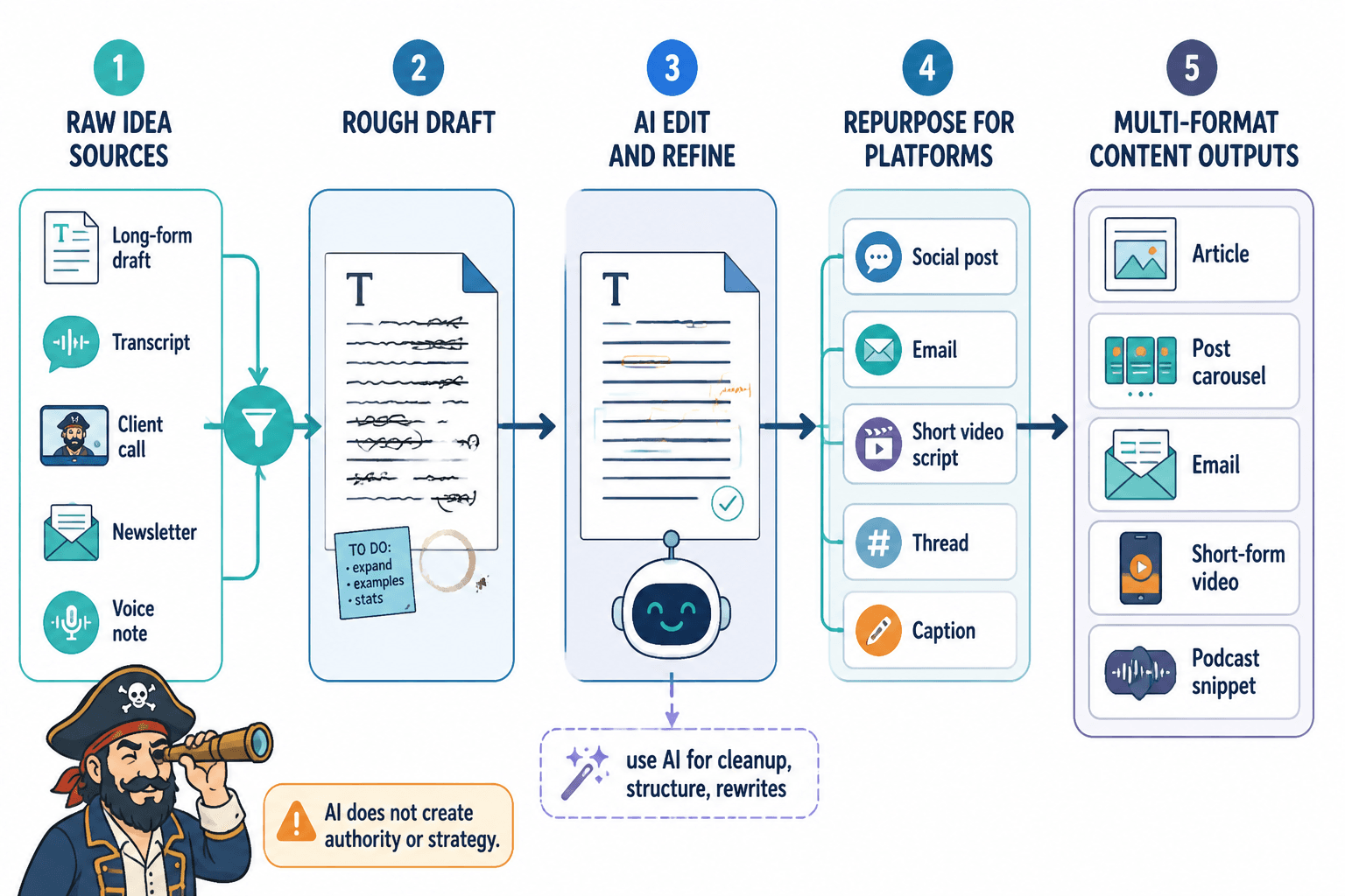 Workflow from raw idea to draft, edit, platform rewrites, and final content assets