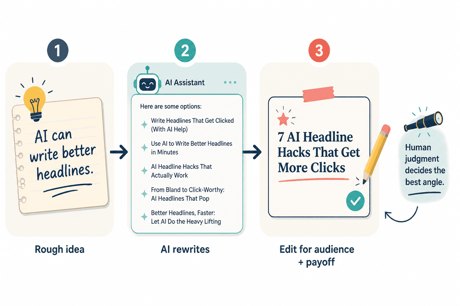 Flow from rough idea to AI headline options to final edited headline