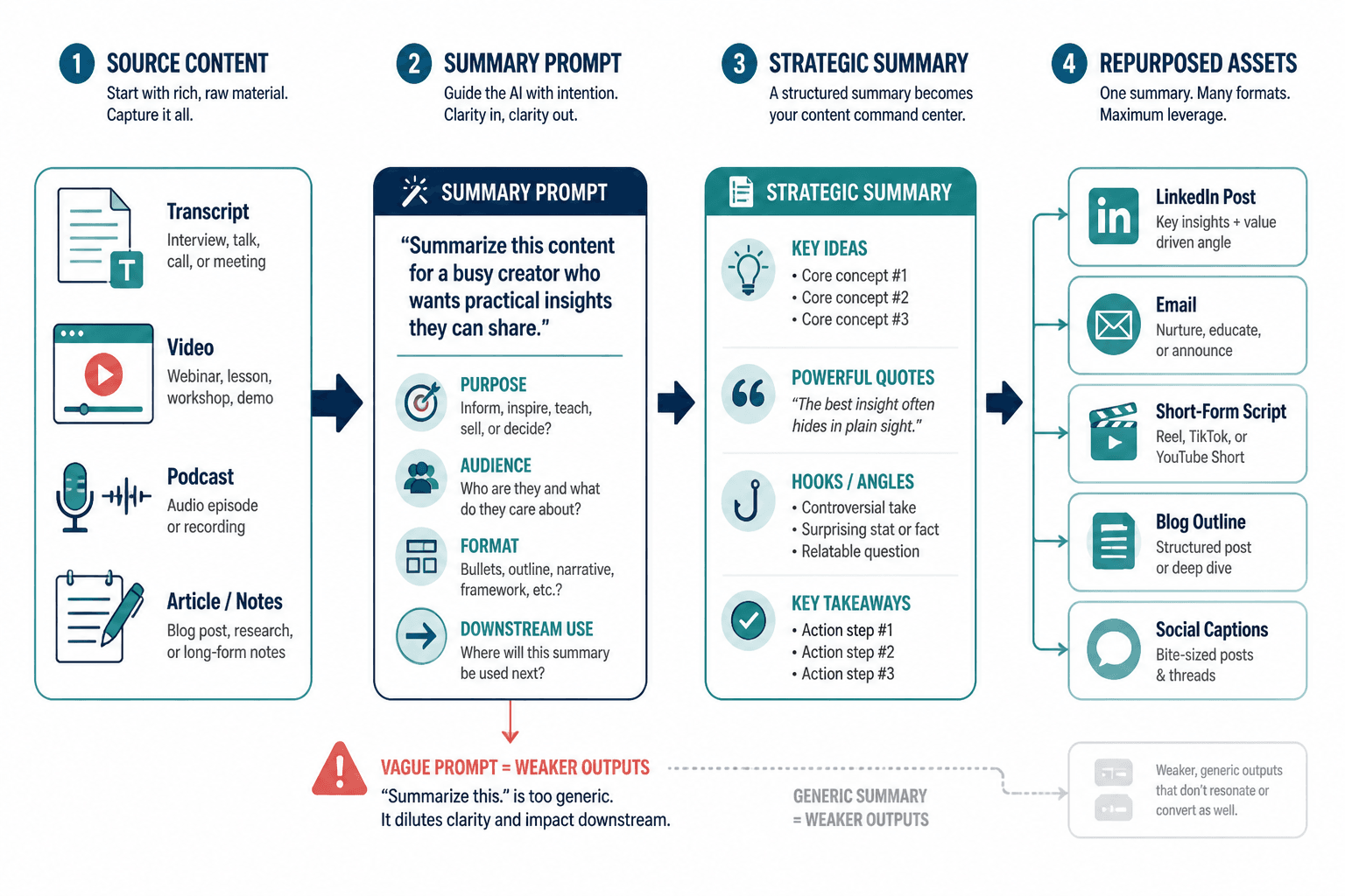 Flow diagram showing source content becoming a purpose-driven summary and then multiple repurposed assets