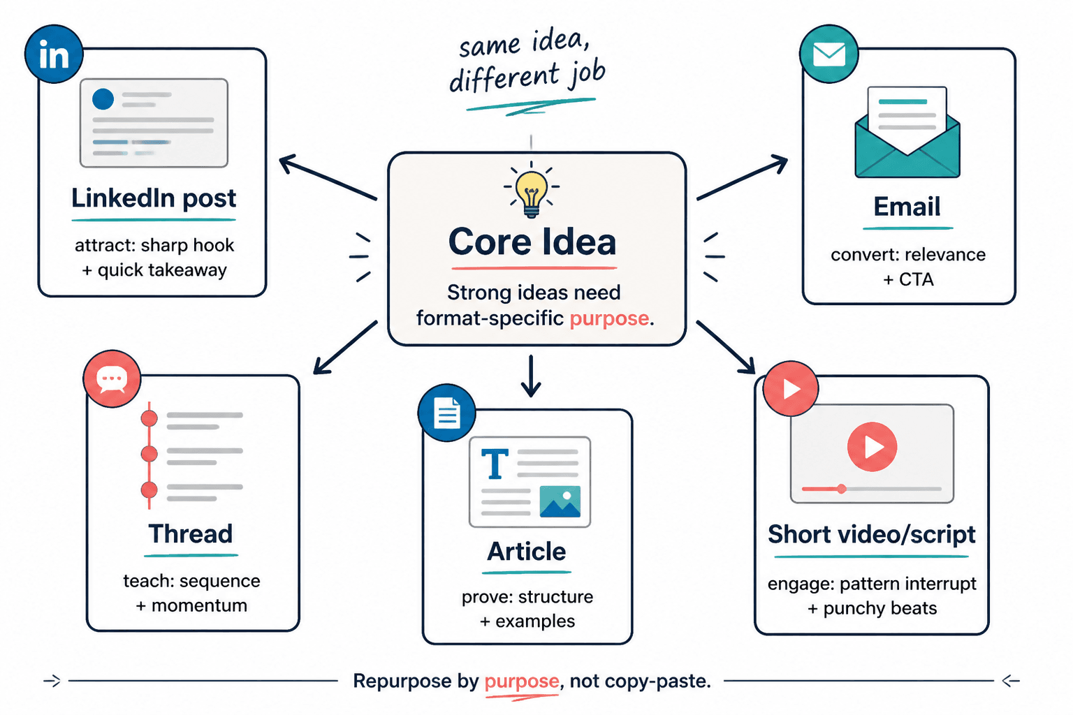 One core idea adapted into multiple content formats with different goals