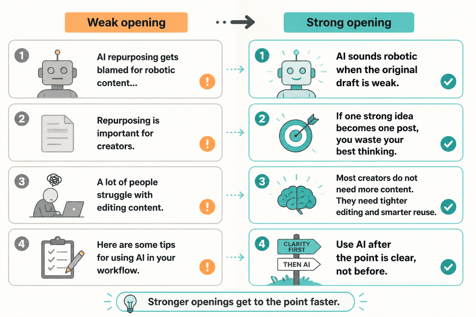 Before-and-after examples of weak versus strong opening lines