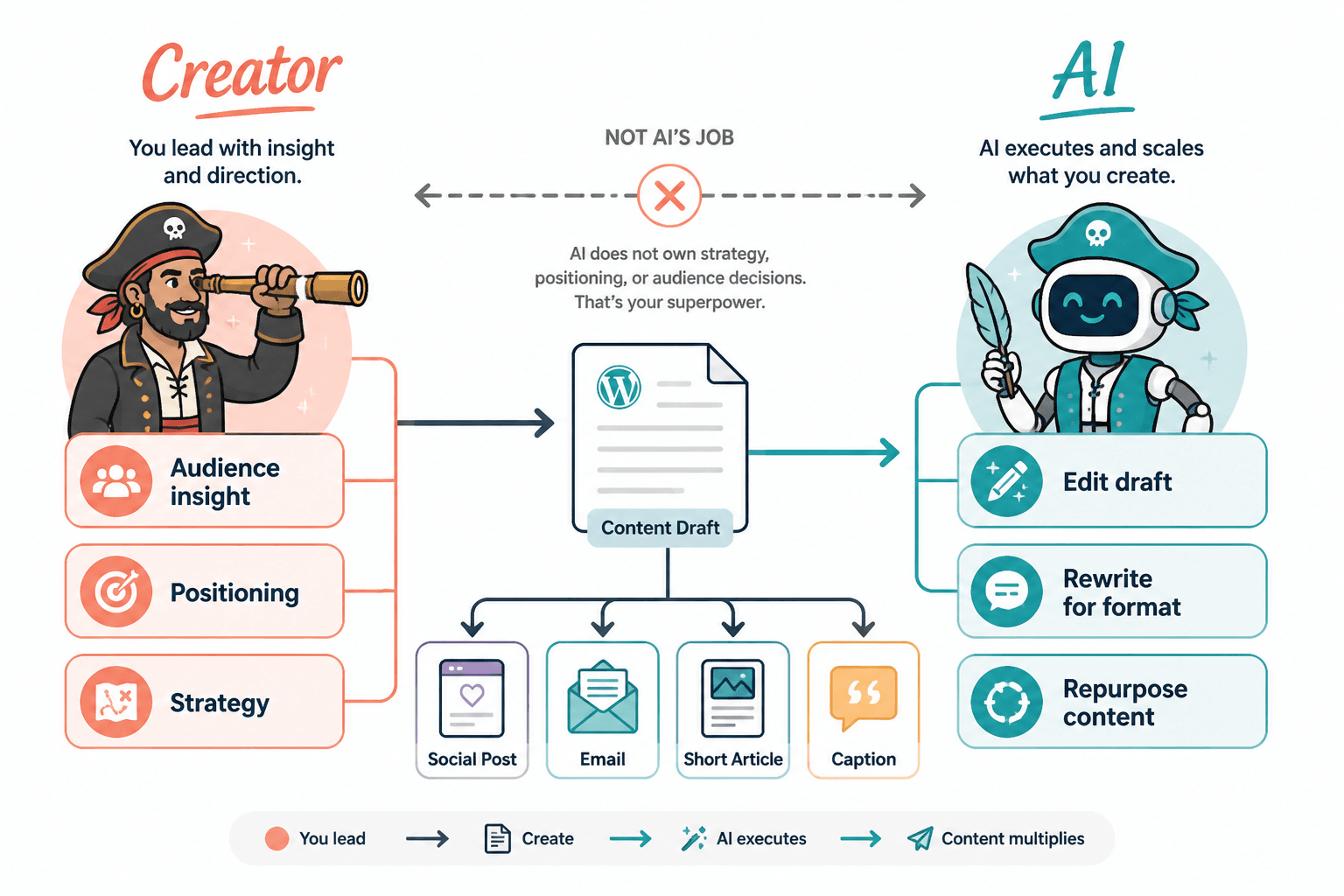 Diagram showing AI as editor and repackager, while creator handles strategy and audience insight.