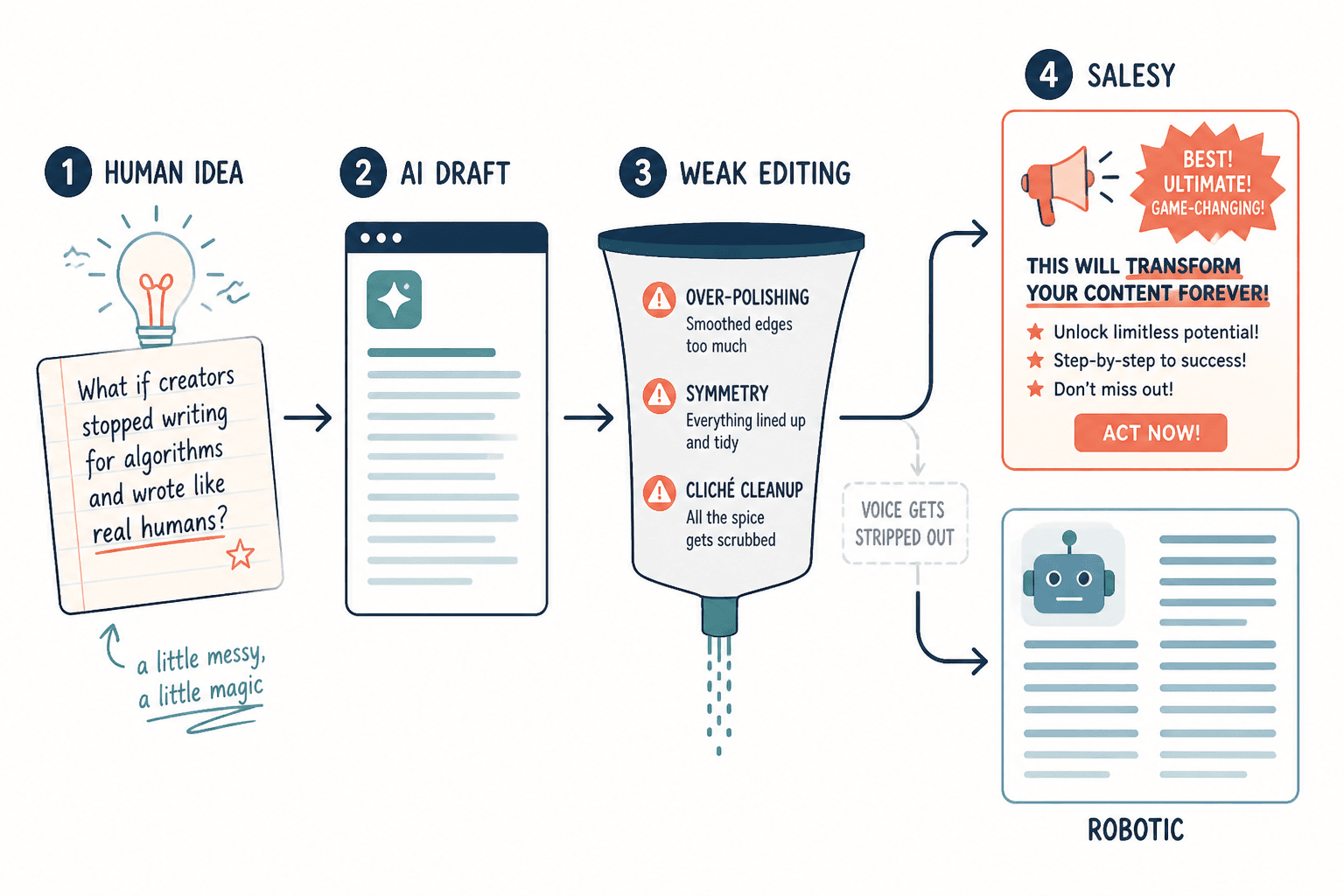 Flowchart showing a human idea becoming salesy or robotic after weak AI editing