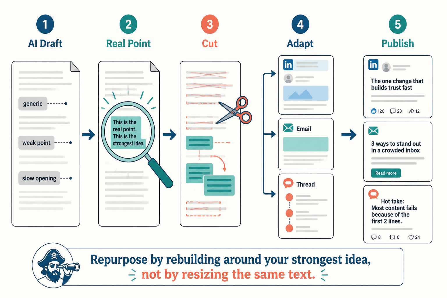Flowchart showing how an AI draft is rewritten into platform-specific versions