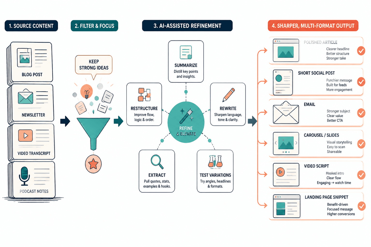 Workflow showing old content refined by AI into multiple stronger formats