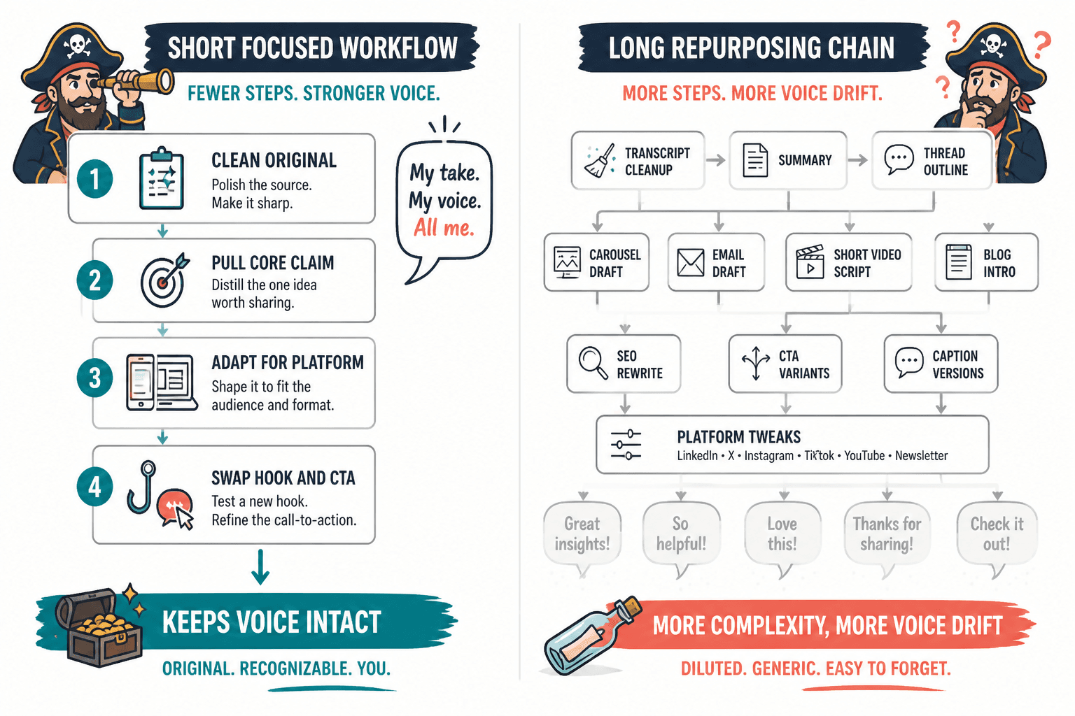 Side-by-side flowchart comparing a short four-step workflow with a long repurposing chain.