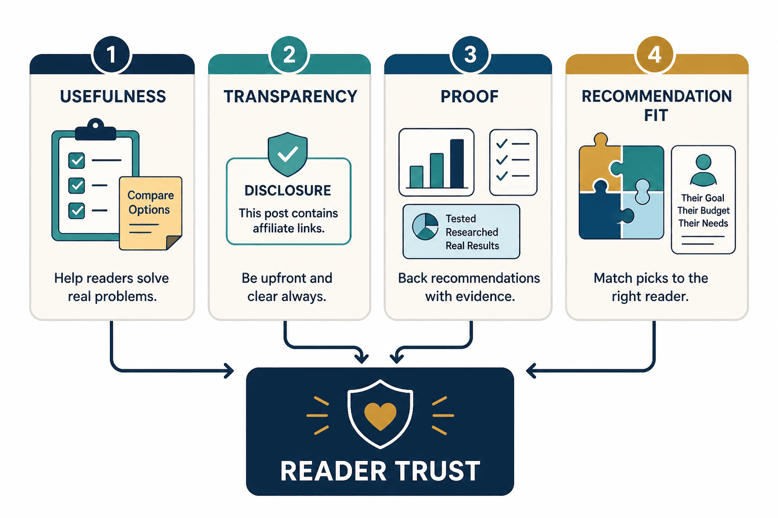 Diagram showing four trust signals in affiliate content: usefulness, transparency, proof, and recommendation fit.