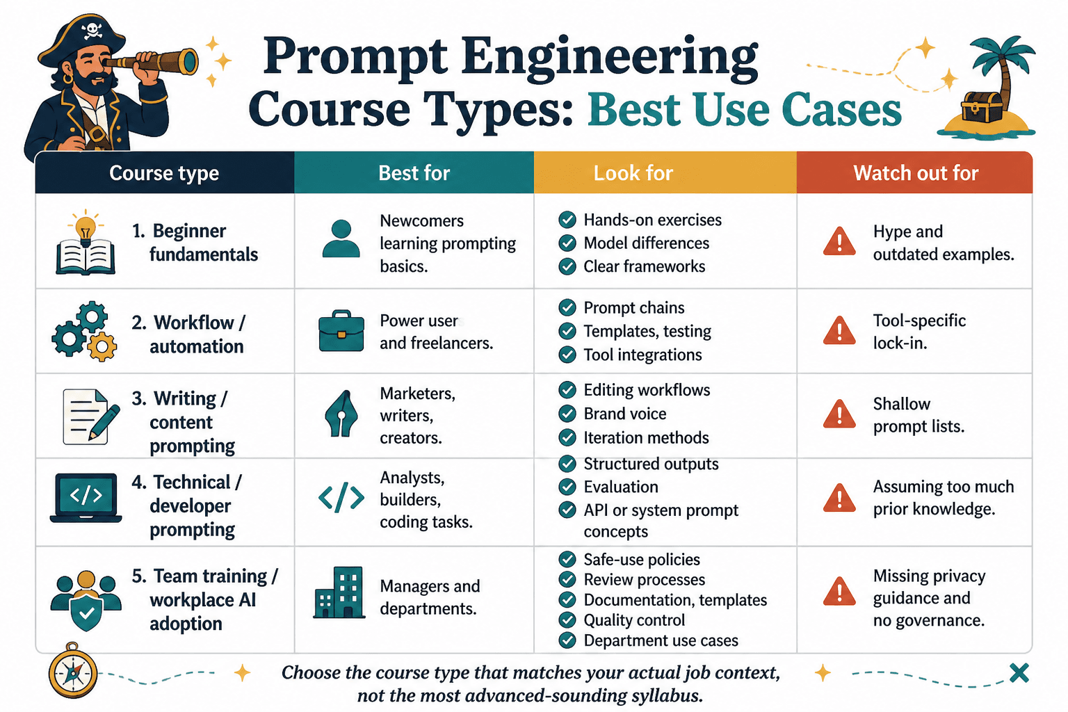 Comparison chart of prompt engineering course types and who each is best for