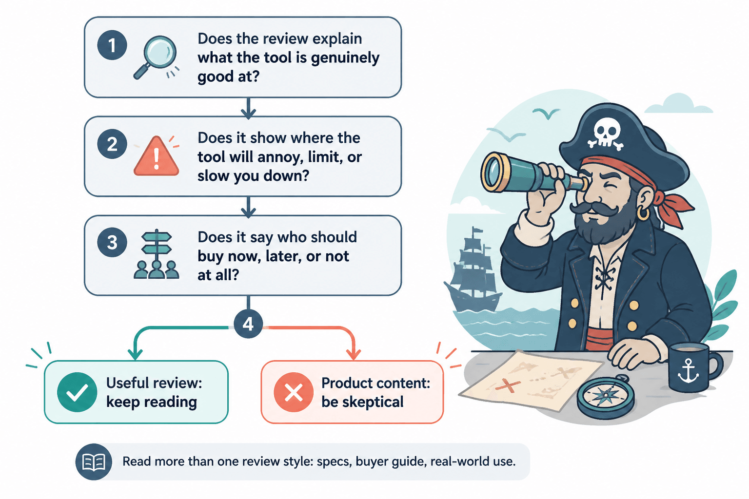 Decision flow for filtering tool reviews before buying